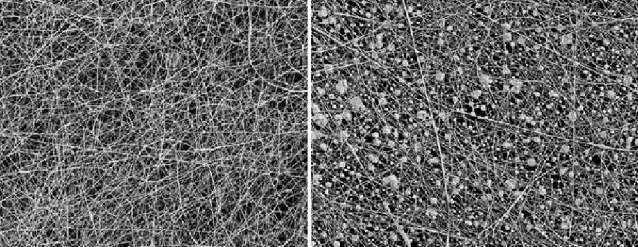 Vista al microscopio de una estructura de nanofibras antes y después de un ensayo en laboratorio de capacidad de acumulación de polvo
